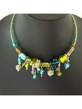 Necklace Choker Green Glass Dangling Beads Tutti Frutti Bohemian Handcrafted